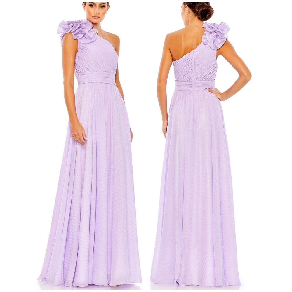 Mac Duggal NWT One-Shoulder Rosette Metallic Gold Polka Dot Gown Size 14 Purple